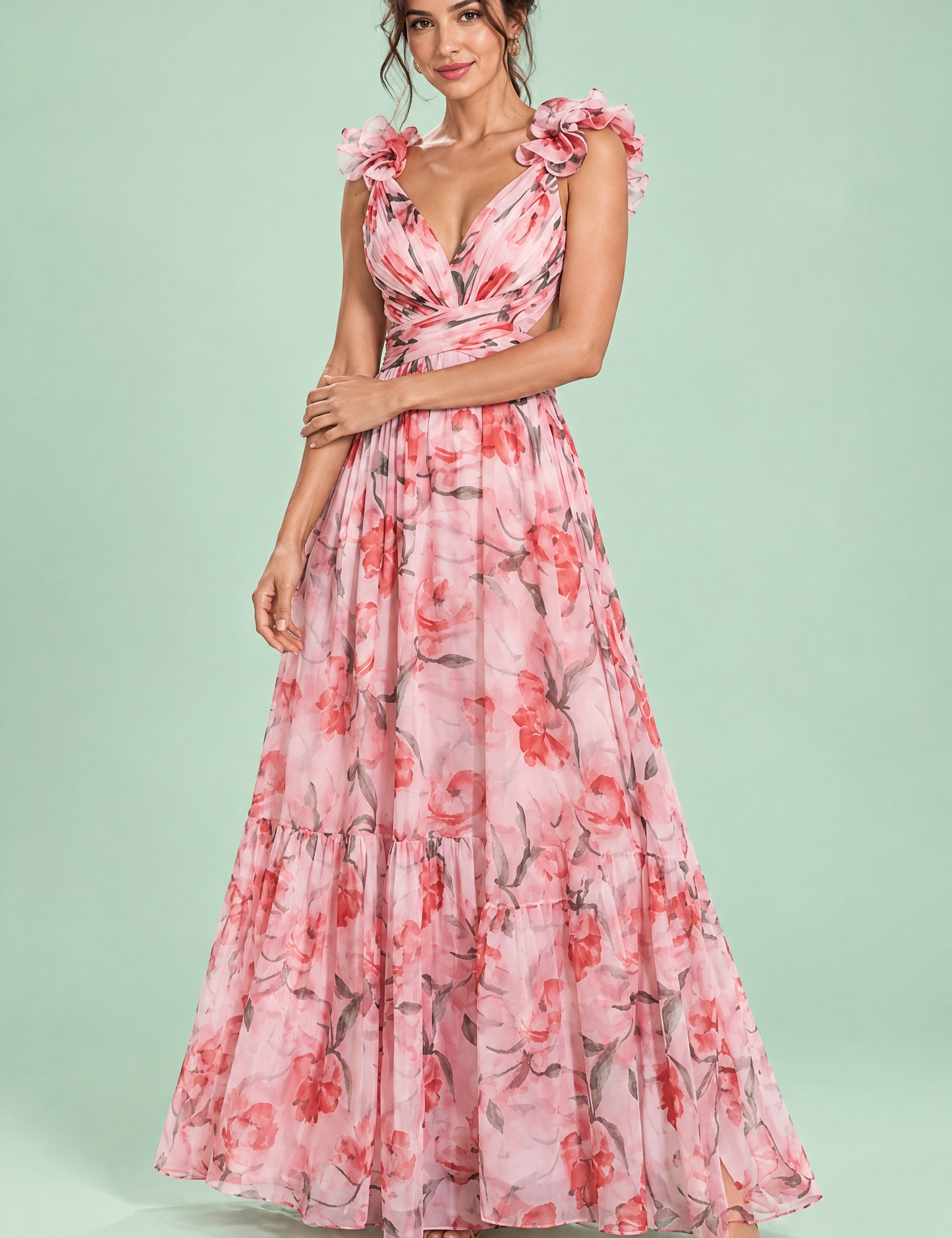 Robe longue rose fleurie à volants | Vue de face | Lounelle Paris
