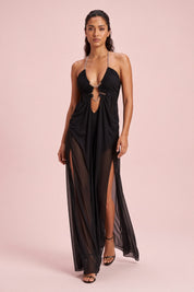 Robe longue noire asymétrique à découpes | Vue en mouvement | Lounelle Paris