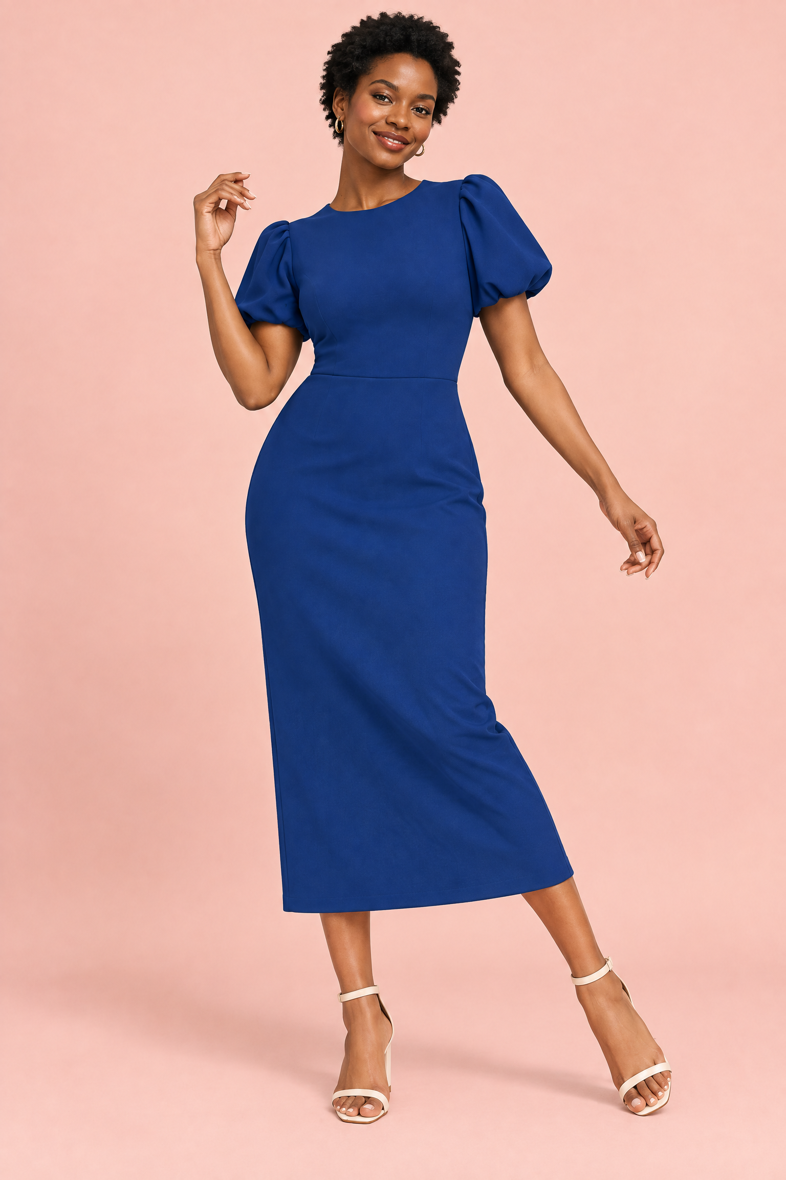 Robe midi bleu marine à manches bouffantes | Vue en mouvement | Lounelle Paris