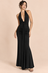 Black Ruched Halter Maxi Dress