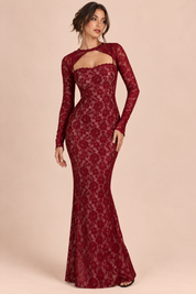 Robe longue rouge en dentelle à décolleté cœur | Vue de face | Lounelle Paris
