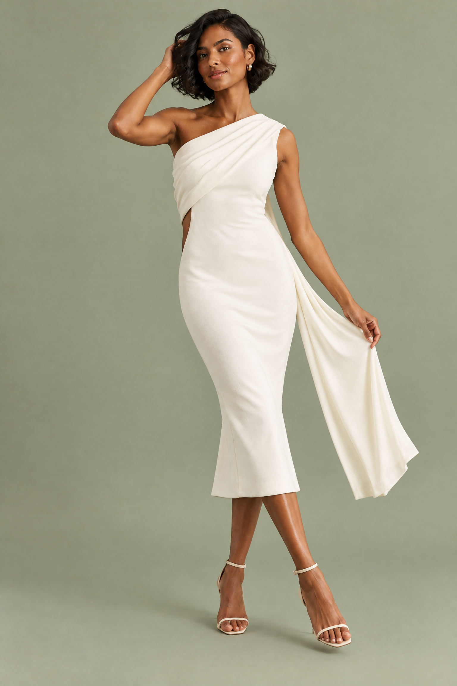 Robe midi blanche à encolure asymétrique avec ceinture | Vue en mouvement | Lounelle Paris