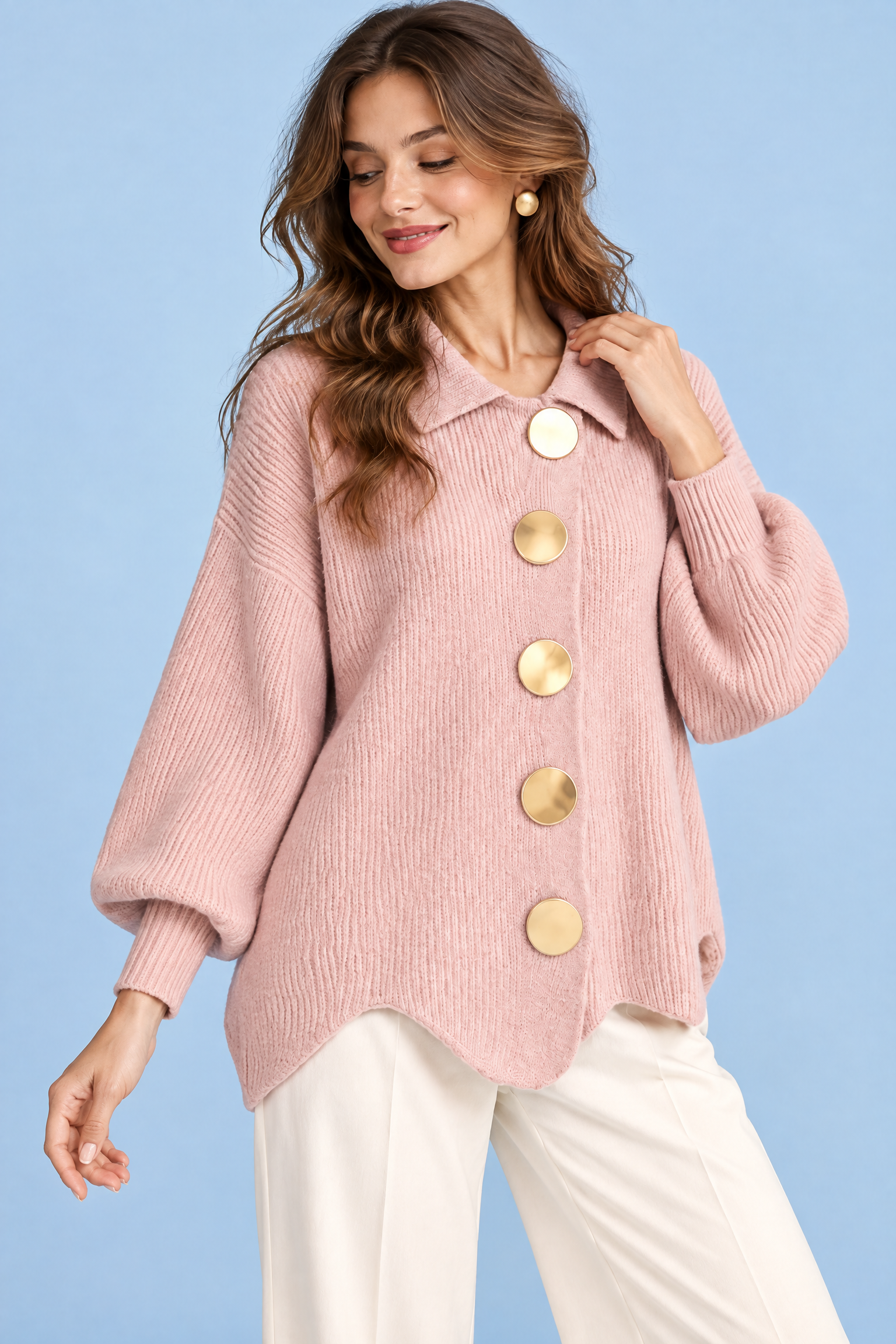 Cardigan oversize rose poudré à col | Vue rapprochée | Lounelle Paris