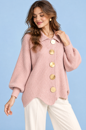 Cardigan oversize rose poudré à col | Vue rapprochée | Lounelle Paris
