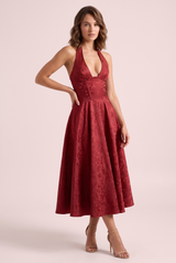 Burgundy Floral Lace A-Line Midi Dress with V-Neck