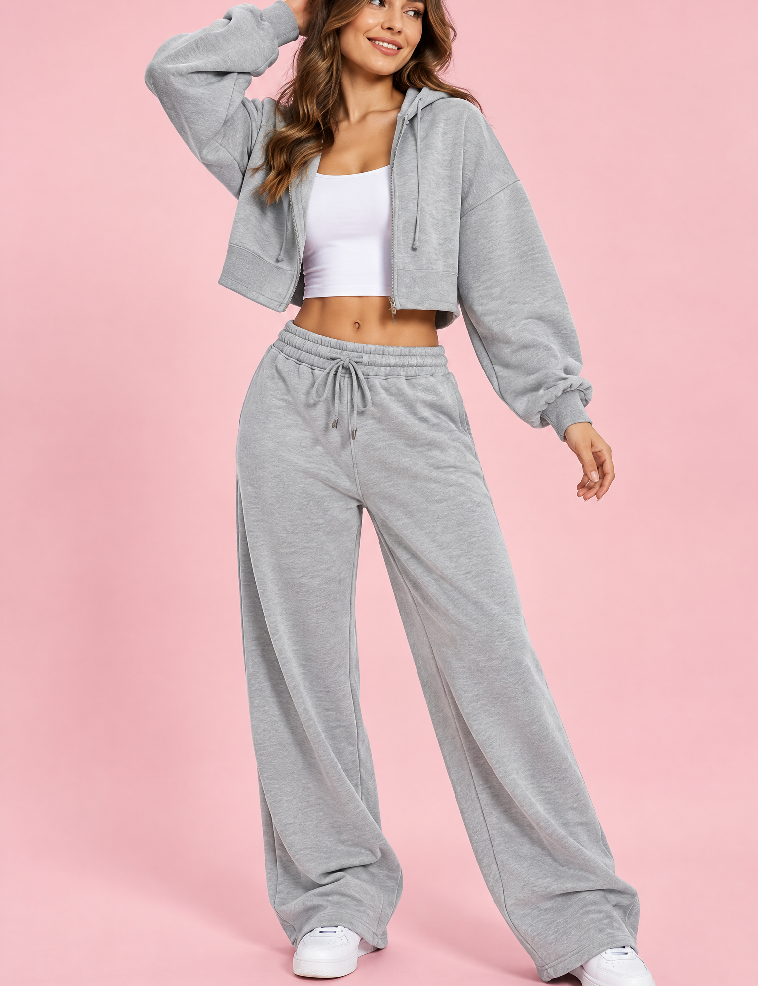 Ensemble gris avec sweat zippé court | Vue de face | Lounelle Paris