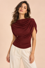 Burgundy Cowl Neck Ruched Top