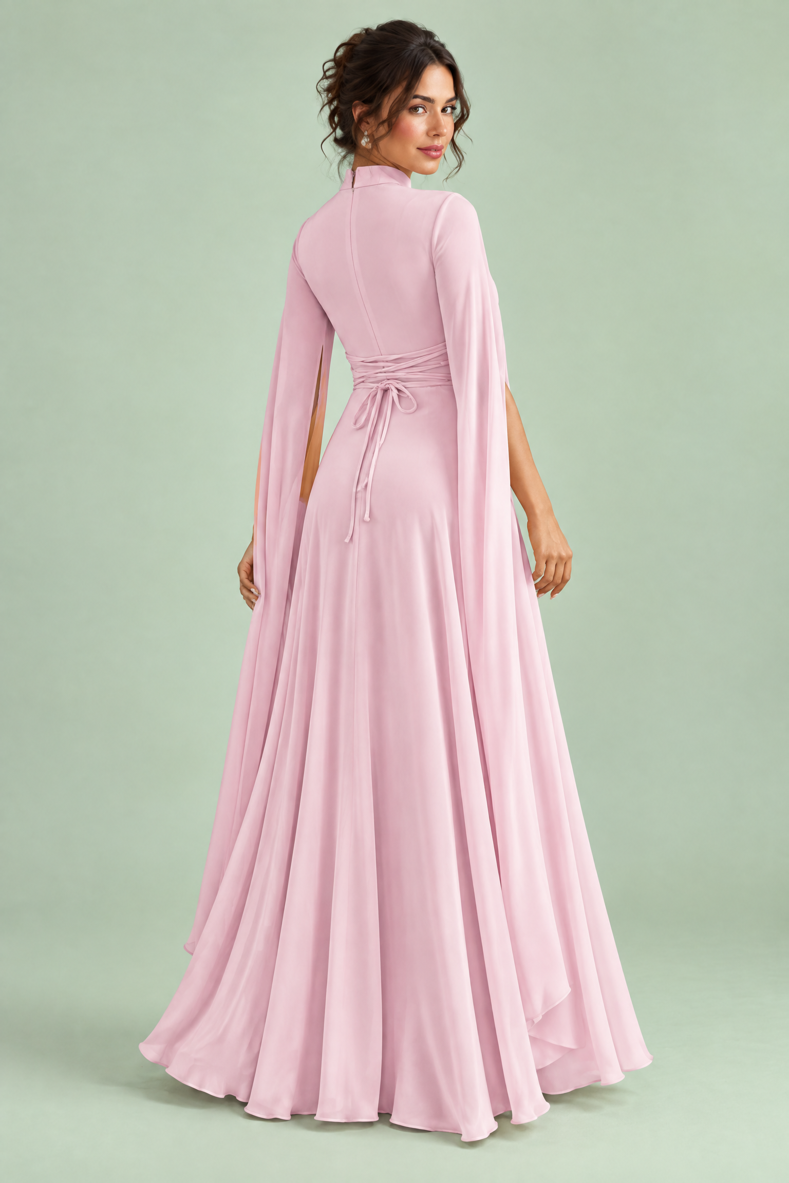 Robe longue rose à encolure carrée et manches cape | Vue de dos | Lounelle Paris