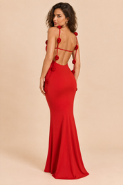 Robe longue rouge ornée d'applications florales | Vue de dos | Lounelle Paris