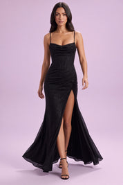 Robe longue noire scintillante à fente | Vue en mouvement | Lounelle Paris