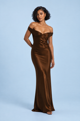 Brown Ruched Off-Shoulder Bodycon Satin Maxi Dress