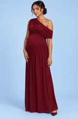 Burgundy Asymmetric-Neck Maternity Maxi Dress With Drop-Waist
