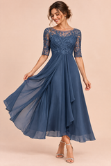 Embroidered Bodice Chiffon Dress Navy Blue