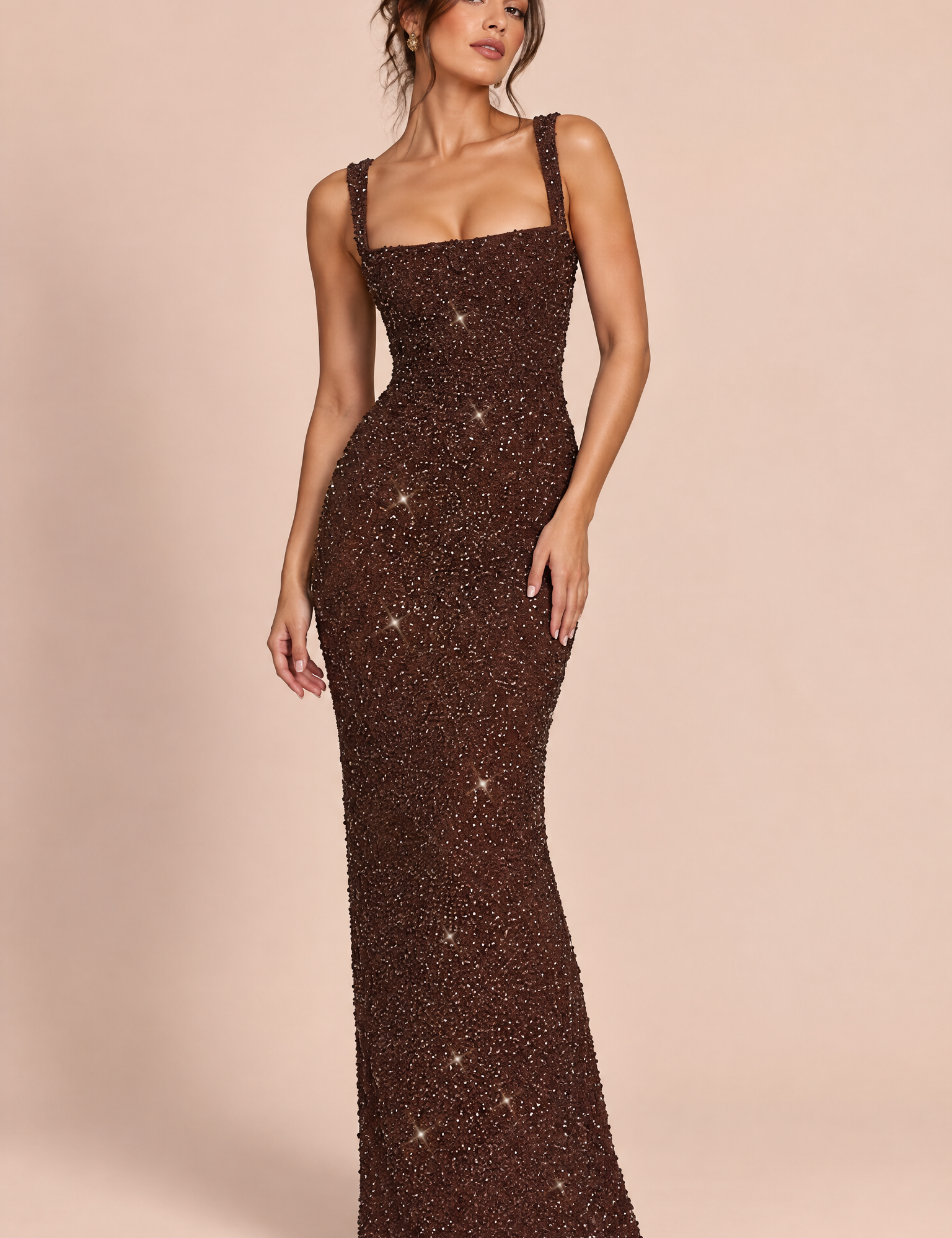 Robe longue à sequins marron | Vue de face | Lounelle Paris