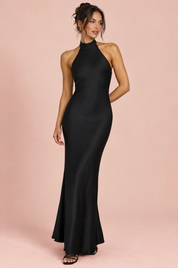 Robe longue noire à encolure asymétrique | Vue de face | Lounelle Paris