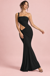 Robe longue noire asymétrique à jupe portefeuille | Vue en mouvement | Lounelle Paris