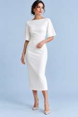 White Fitted Midi Dress with Boat Neck and Short Sleeves
