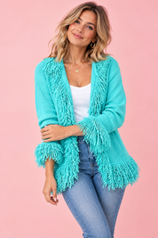 Gilet turquoise à franges | Vue rapprochée | Lounelle Paris