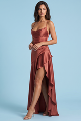 Rust Asymmetric Cowl-Neck Dress