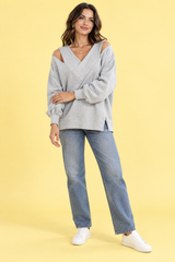 Grey Cold-Shoulder V-Neck Top