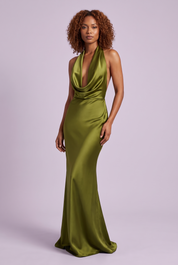 Robe longue sirène vert olive dos nu à col bénitier | Vue de face | Lounelle Paris