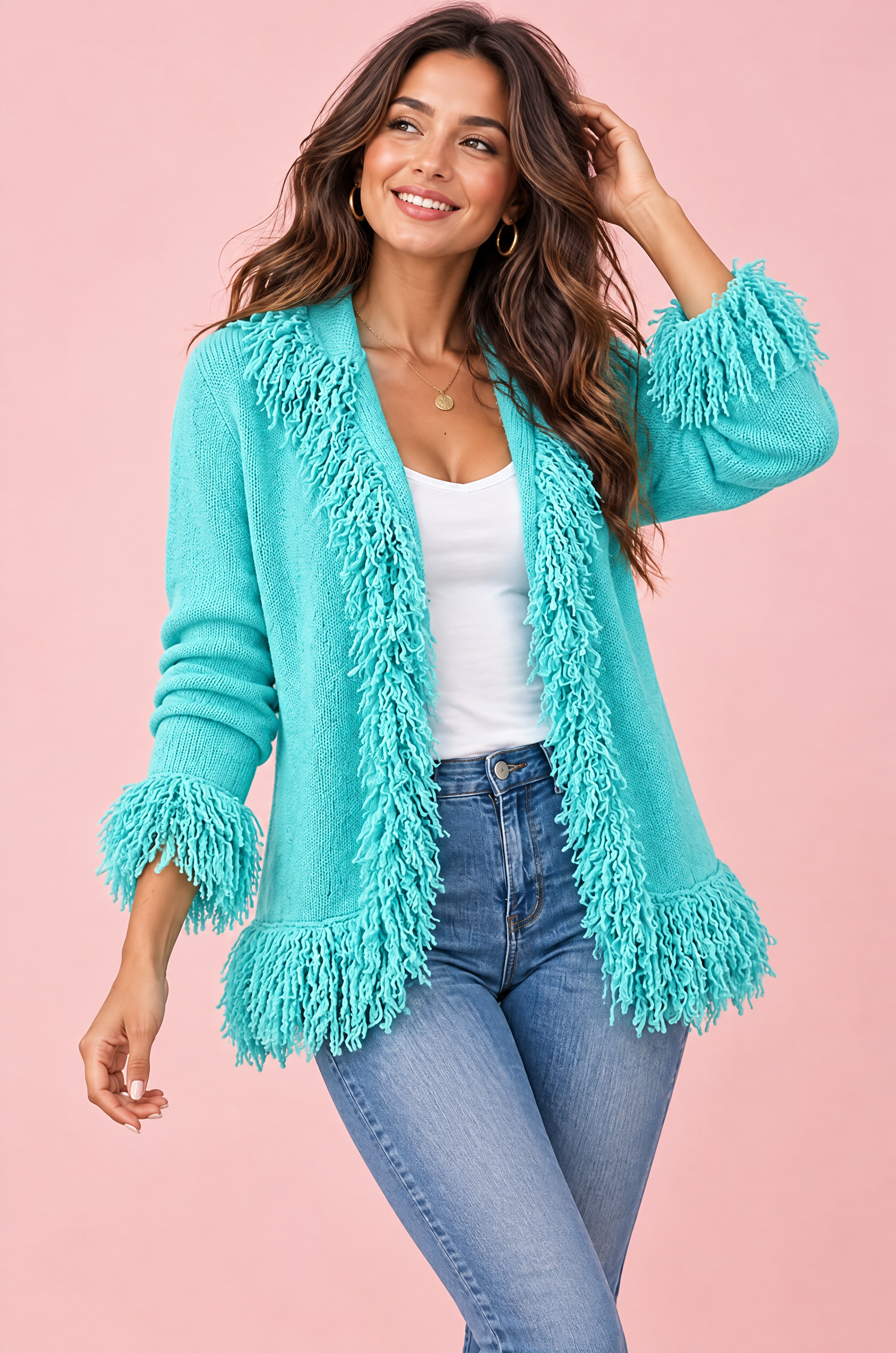 Gilet turquoise à franges | Vue de face | Lounelle Paris