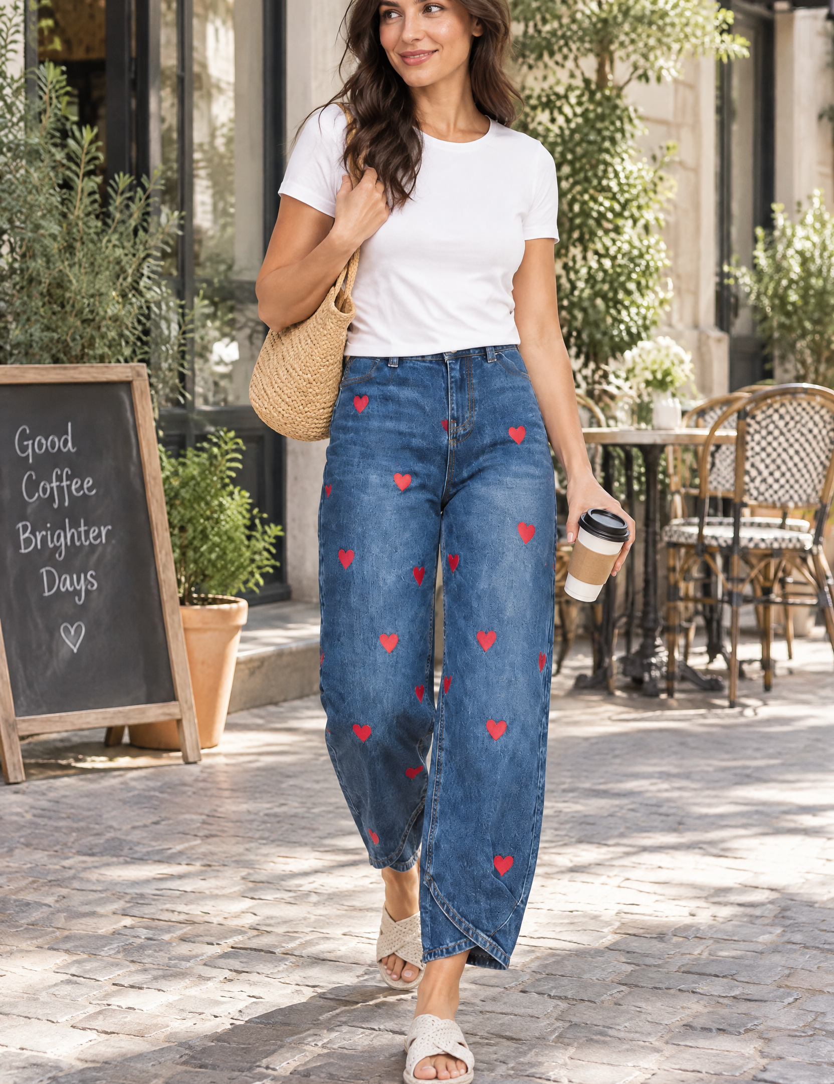 Pantalon bleu à imprimé floral et ourlet fendu | Photo lifestyle | Lounelle Paris