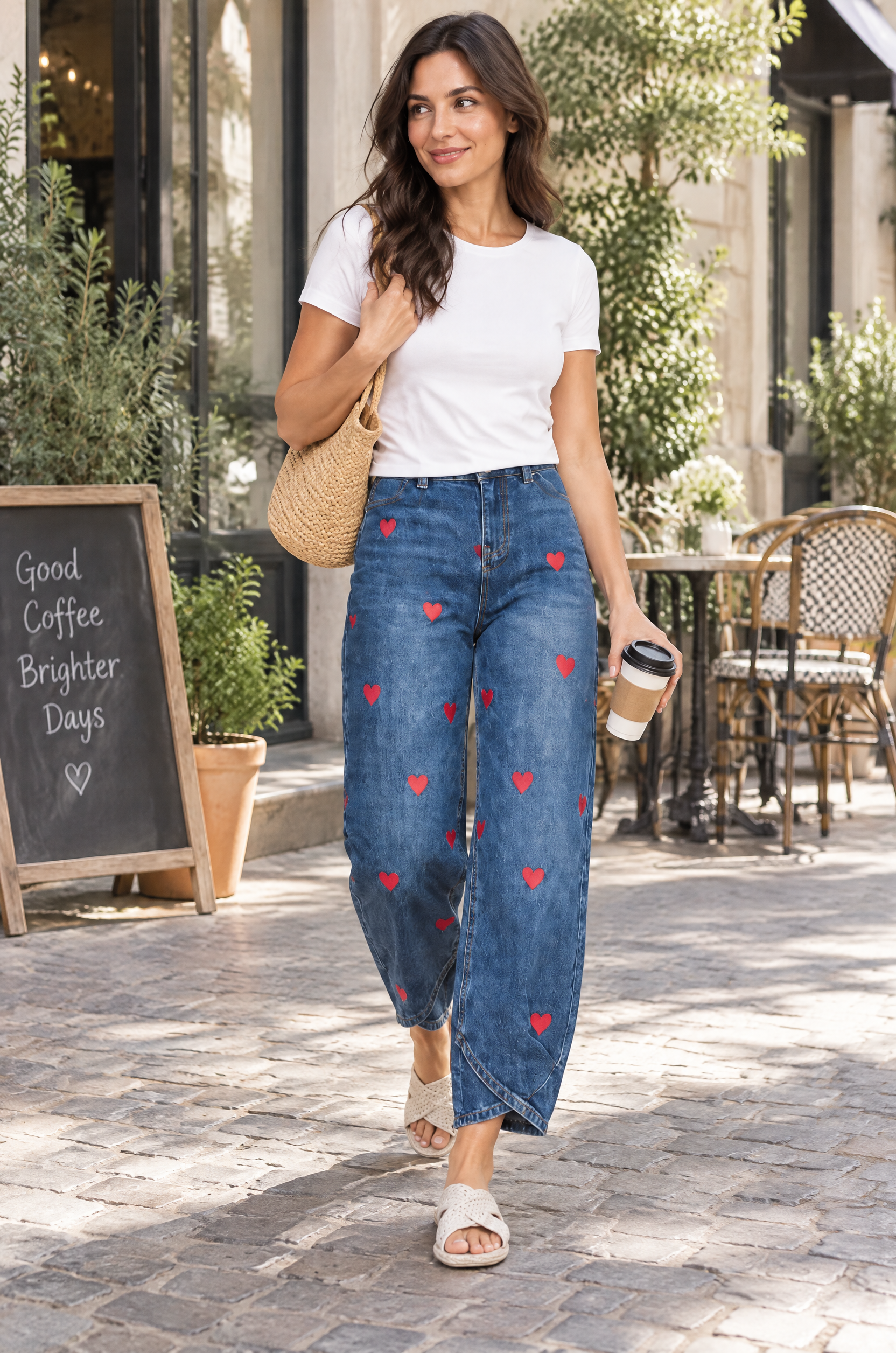 Pantalon bleu à imprimé floral et ourlet fendu | Photo lifestyle | Lounelle Paris
