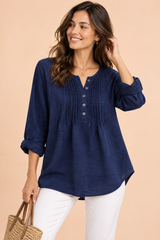 Navy Blue Cotton Scoop-Neck Pleated Blouse