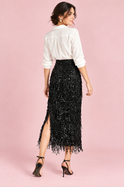 Jupe midi noire à franges et sequins | Vue de dos | Lounelle Paris