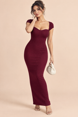 Burgundy Cut-Out Neck Midi Dress With Short Sleeves