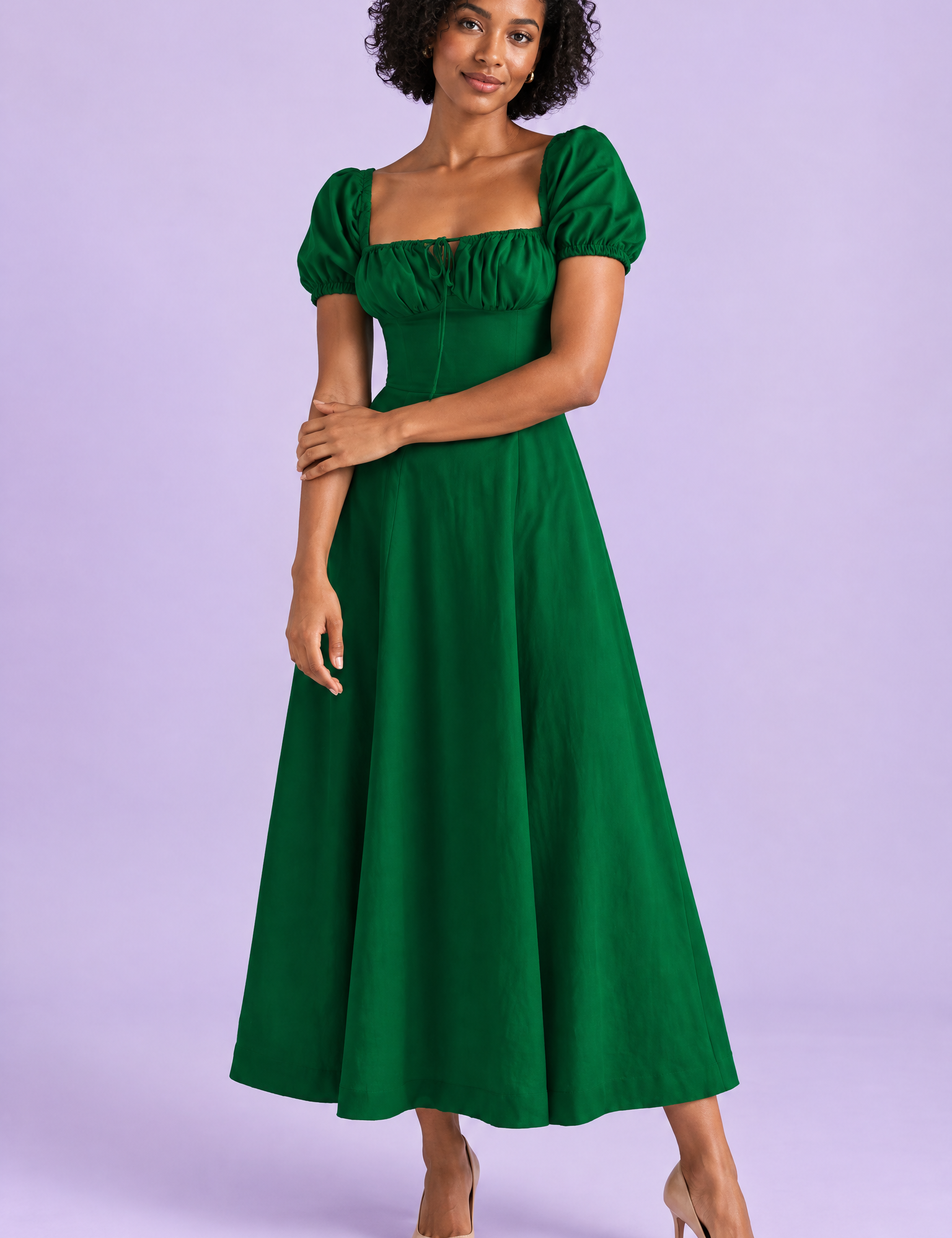 Robe midi vert foncé à coupe trapèze et encolure carrée | Vue de face | Lounelle Paris