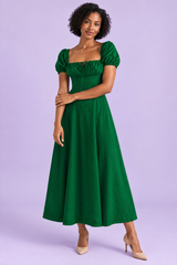 Deep Green A-Line Square-Neck Midi Dress