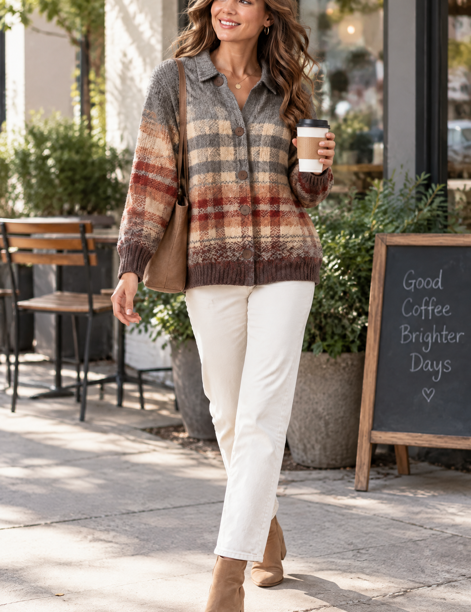 Gilet marron à carreaux avec col | Photo lifestyle | Lounelle Paris