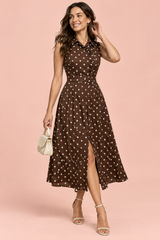 Dark Brown Polka-Dot Halter Midi Dress