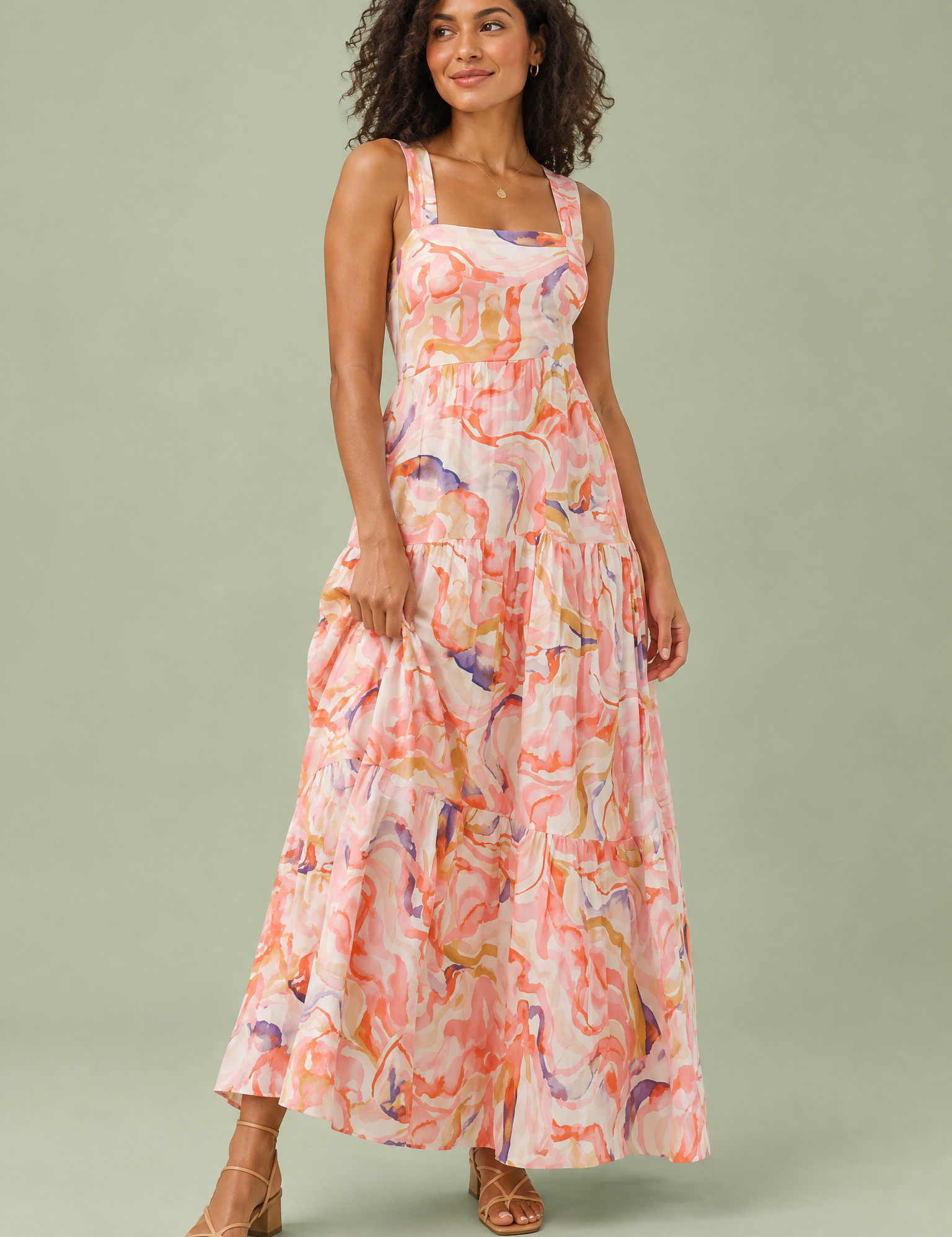 Robe midi rose à imprimé porcelaine et encolure carrée | Vue de face | Lounelle Paris