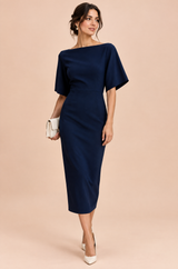Navy Fitted Midi Dress with Boat Neck and Short Sleeves
