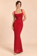 Red Hotfix Asymmetric-Neck Maxi Dress With Open-Back