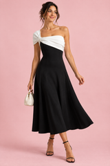 Black and White One-Shoulder Midi Dress