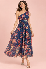Blue Floral One-Shoulder A-Line Maxi Dress