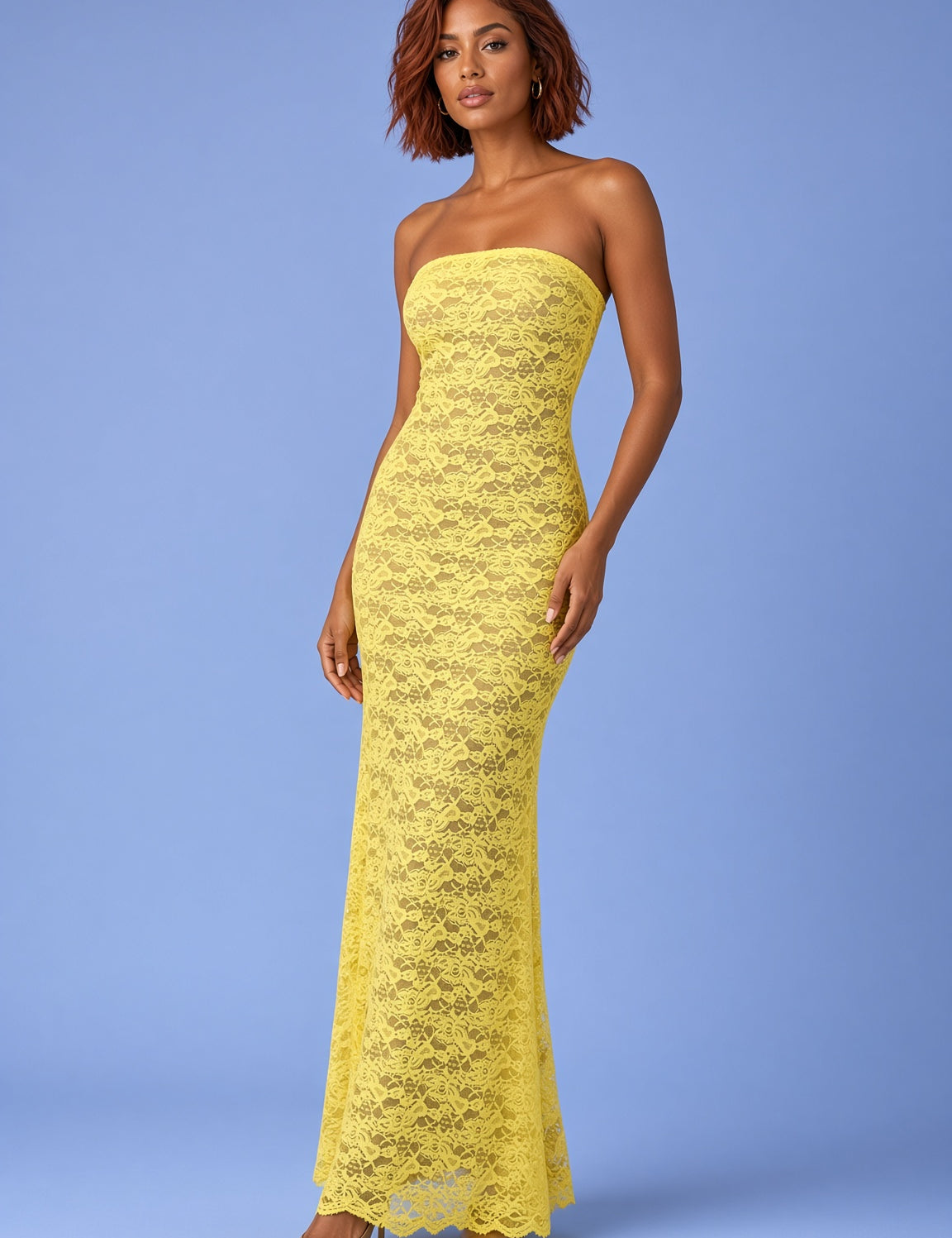 Robe longue jaune en dentelle à bandeau avec détail foulard | Vue de face | Lounelle Paris