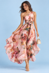 Pink Floral One-Shoulder Dress