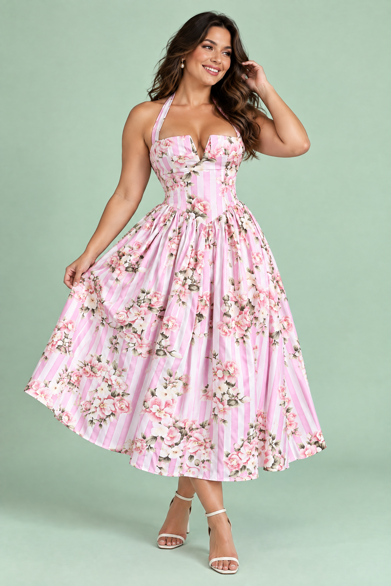 Robe longue rose dos nu à rayures et motifs floraux | Porté sur une autre silhouette | Lounelle Paris