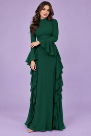 Robe longue verte à volants et manches cloche | Vue de face | Lounelle Paris