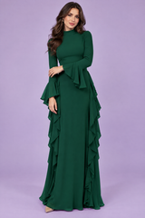 Green Ruffle Bell Sleeve Maxi Dress