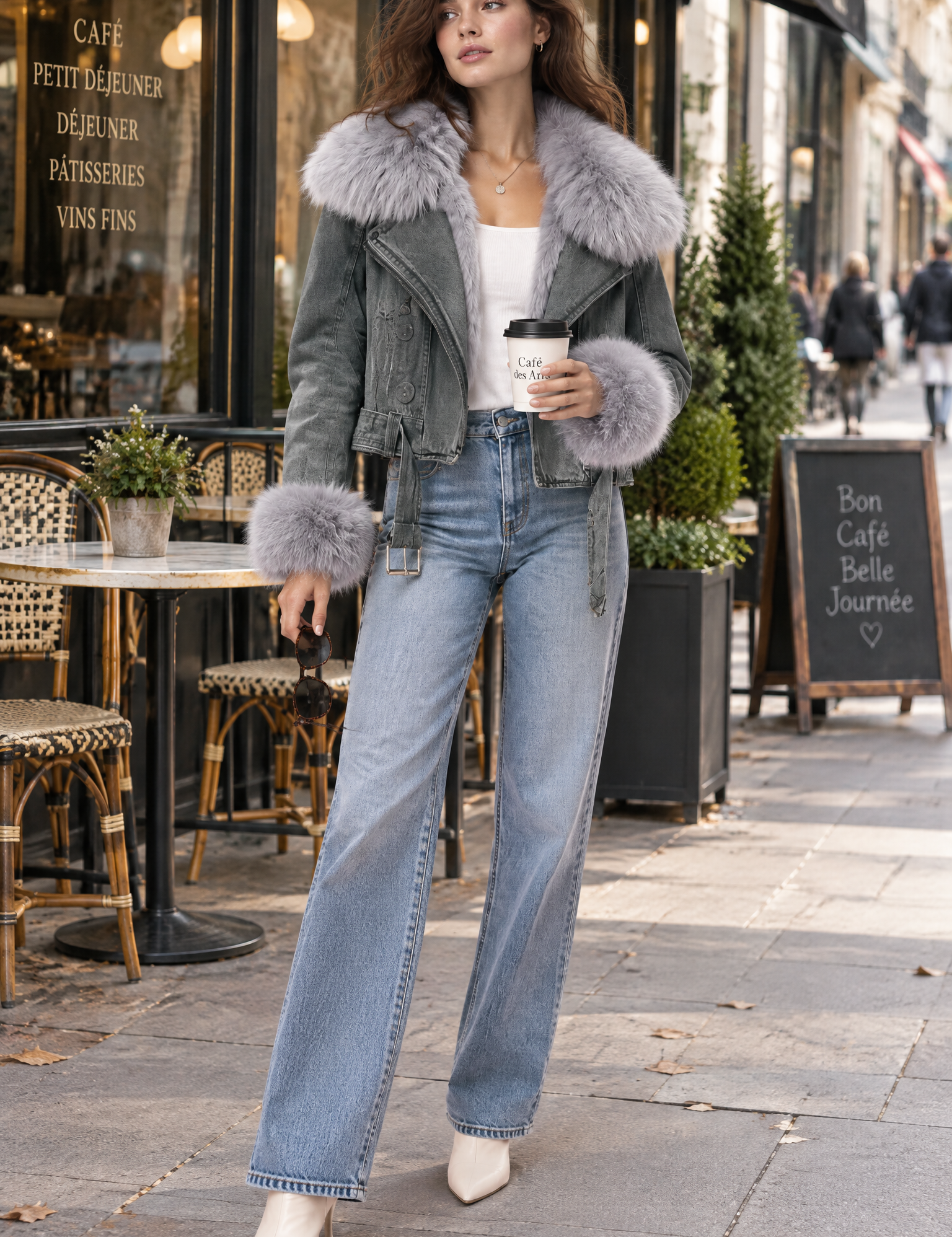 Veste motard courte cintrée à col en fourrure grise | Photo lifestyle | Lounelle Paris