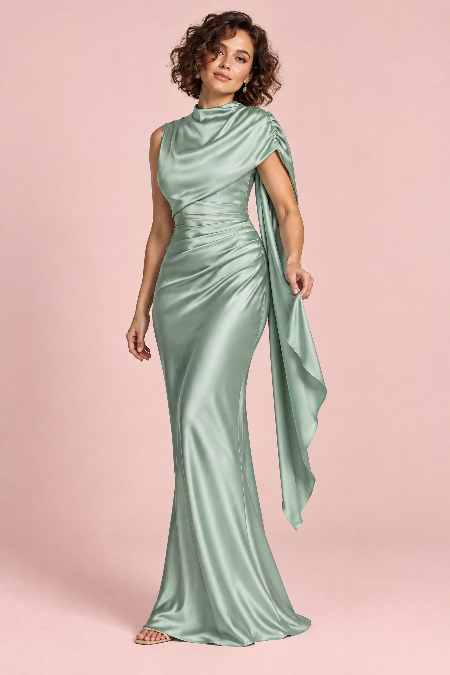 Robe longue en satin vert sauge à col bénitier | Porté sur une autre silhouette | Lounelle Paris