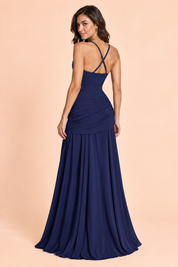 Robe longue bleu foncé froncée à encolure carrée et coupe évasée | Vue de dos | Lounelle Paris