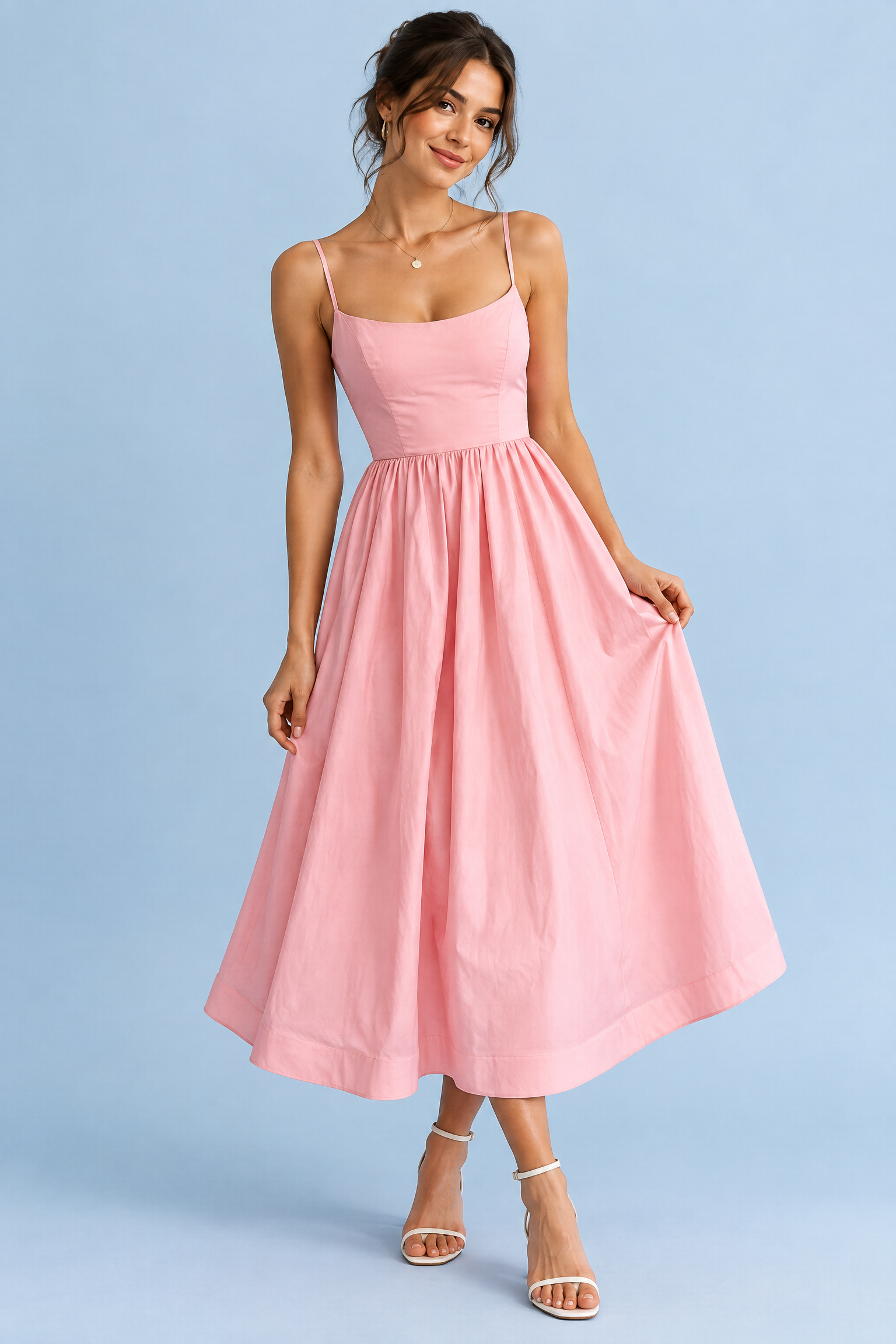 Robe midi rose plissée évasée | Vue de face | Lounelle Paris