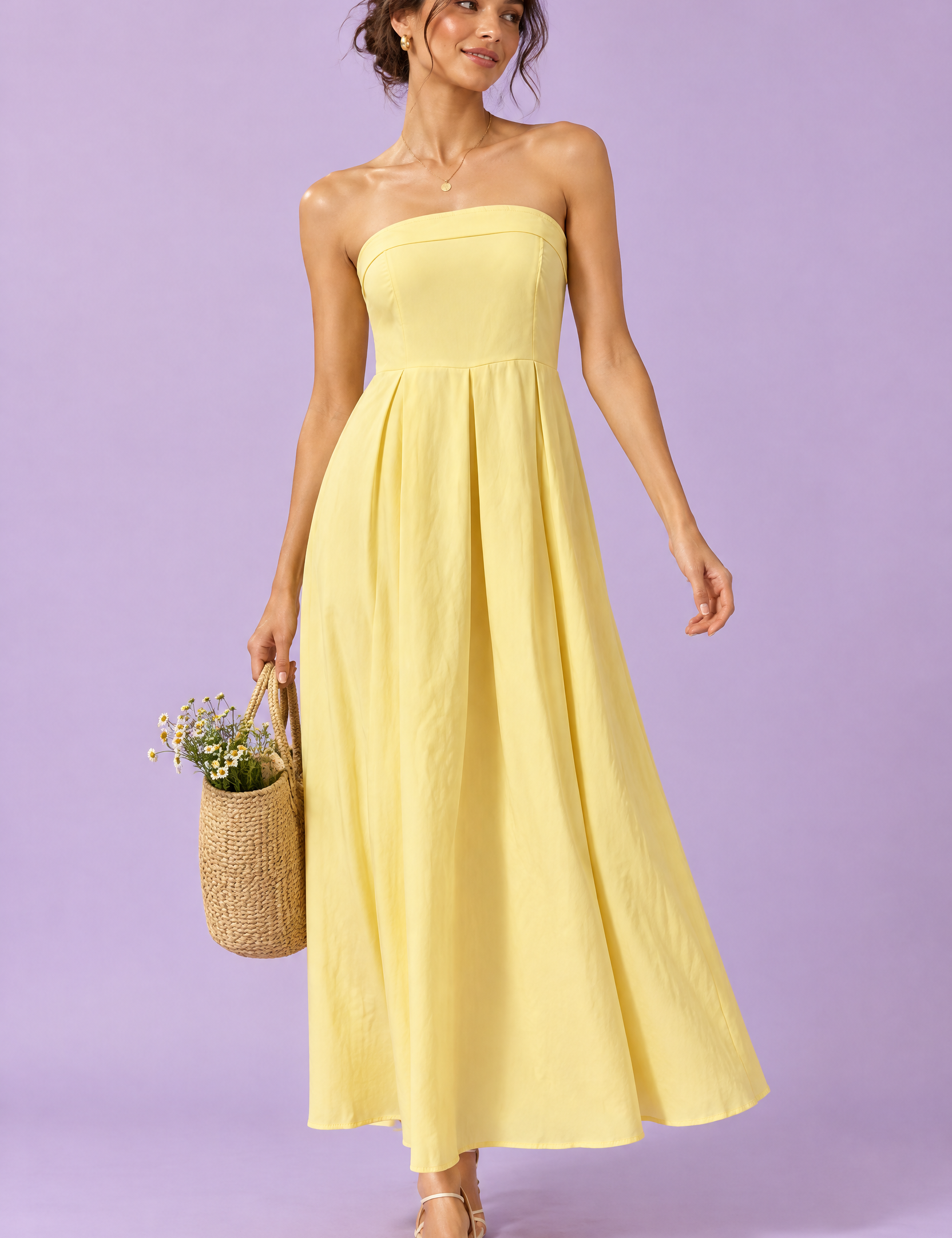 Robe midi évasée bustier — jaune | Vue de face | Lounelle Paris
